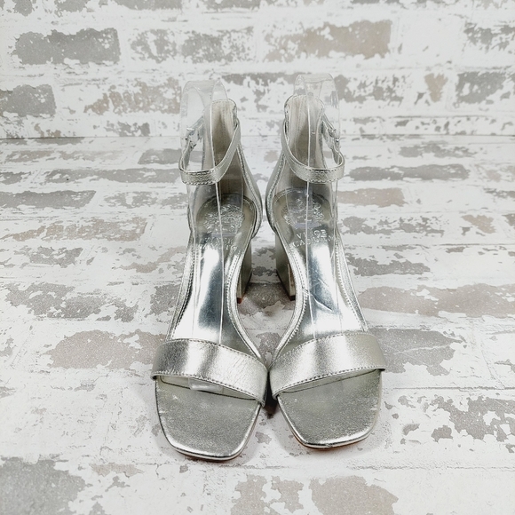 New Vince Camuto Margry Silver Block Heel Ankle Strap Sandals E815 - Picture 3 of 15